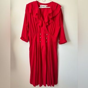 Vintage Caroline Wells Red Ruffle V-neck Dress